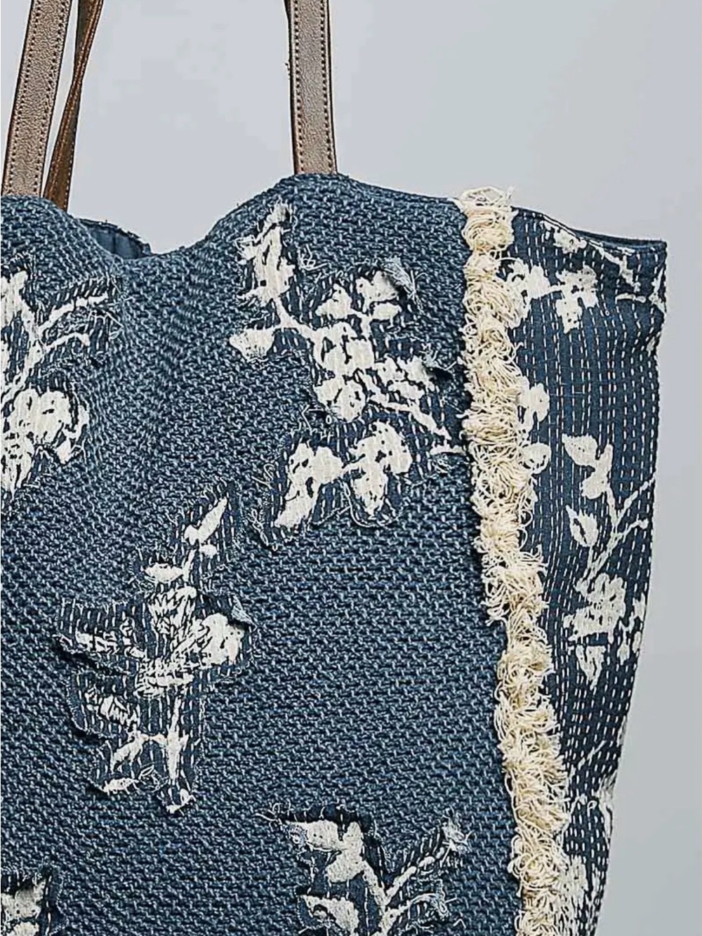 POL denim floral fringe quilted patchwork cotton embroidered love boho tote bag - Picture 5 of 5